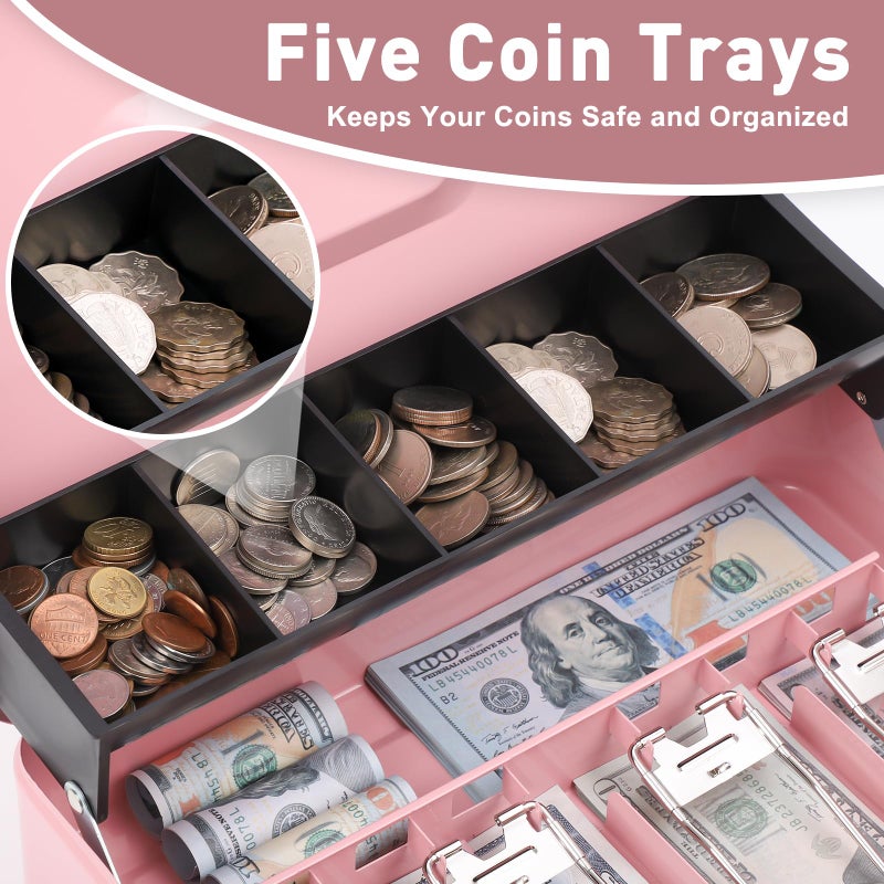 Kyodoled Locking Money Box with Combination Lock, Metal Cash Box with Money Tray, Cash Register,5 Compartments Cantilever Tray 4 Spring Loaded Clips,11.81Lx 9.45Wx 3.54H Inches Pink X Large - Image 3